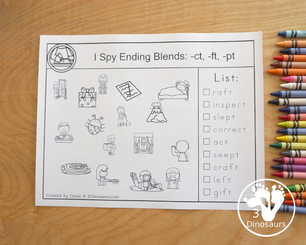 Free Ending Blends I-Spy Printables with 4 pages of pritnables that work on the following ending blends: -ct, -ft, -ld, -lf, -lk, -lp, -lt, -nd, -ng, -nk, -nt, -pt, -sk, -sp, -st. You hvae nine words to find on each page  - 3Dinosaurs.com