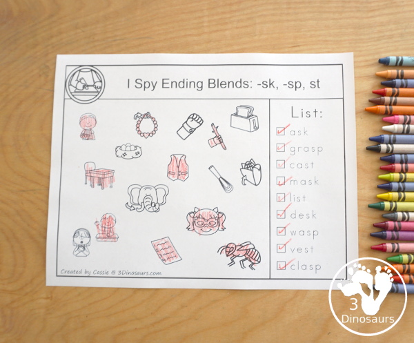 Free Ending Blends I-Spy Printables with 4 pages of pritnables that work on the following ending blends: -ct, -ft, -ld, -lf, -lk, -lp, -lt, -nd, -ng, -nk, -nt, -pt, -sk, -sp, -st. You hvae nine words to find on each page  - 3Dinosaurs.com