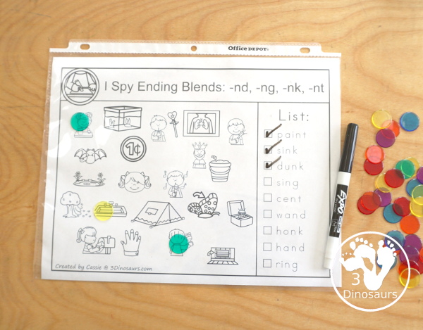 Free Ending Blends I-Spy Printables with 4 pages of pritnables that work on the following ending blends: -ct, -ft, -ld, -lf, -lk, -lp, -lt, -nd, -ng, -nk, -nt, -pt, -sk, -sp, -st. You hvae nine words to find on each page  - 3Dinosaurs.com