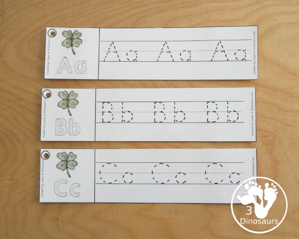 Free St Patrick's Day Themed ABC Tracing Strips - with examples of three alphabet tracing strips to look at - 3Dinosaurs.com