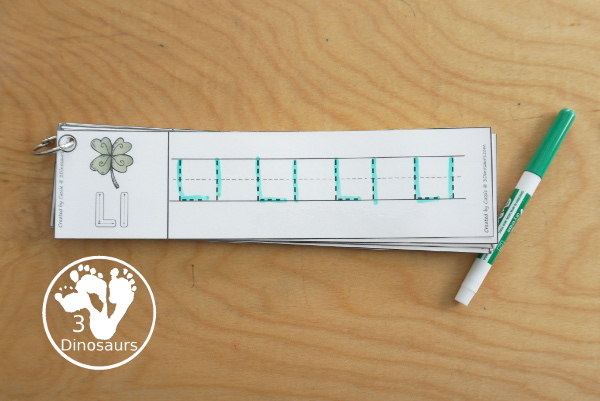 Free St Patrick's Day Themed ABC Tracing Strips - making an alphabet tracing center for kids with ideas of how to use the letters - 3Dinosaurs.com