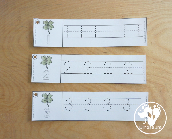 Free Clover Theme Number Tracing Strips - with numbers 1 to 20  with number the numerical number- 3Dinosaurs.com