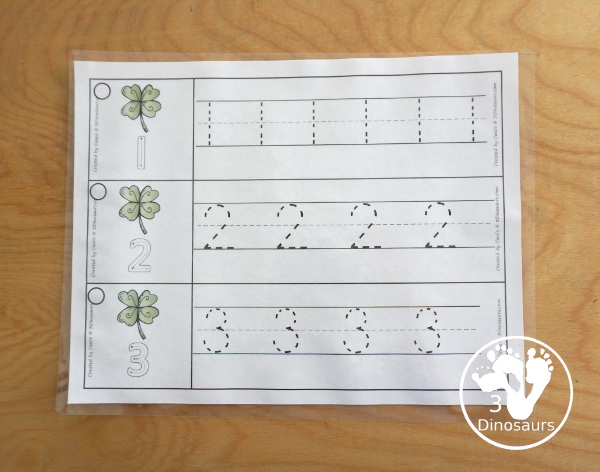 Free Clover Theme Number Tracing Strips - with numbers 1 to 20  with number the numerical number- 3Dinosaurs.com