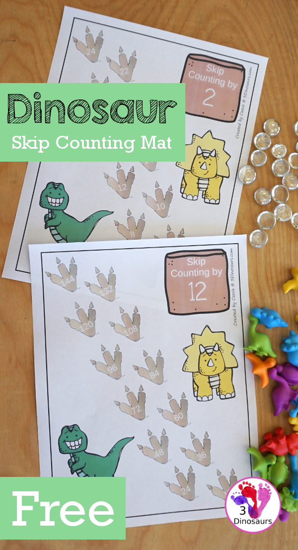 Free Dinosaur Skip Counting Mats - With 12 Skip Counting Mats with numbers from 1 to 12 with dinosaur footprints and dinosaur theme - 3Dinosaurs.com
