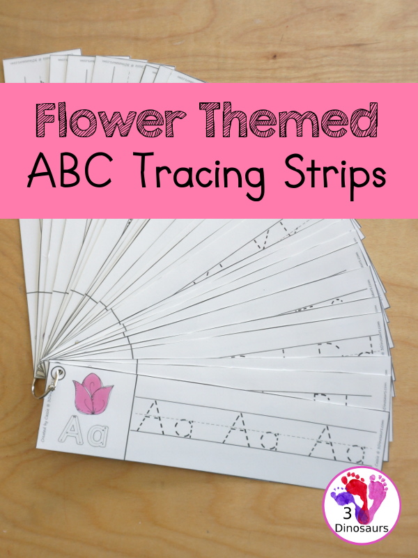 Free Flower Theme ABC Tracing Strips - with uppercase and lowercase together. You have flowers plus you can see an example of how to trace the letters - 3Dinosaurs.com