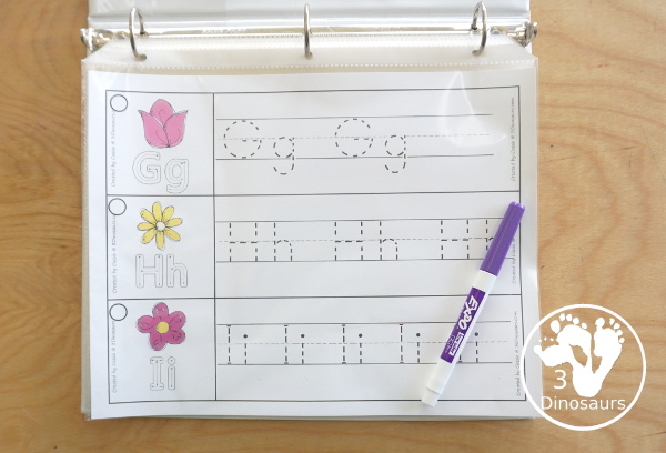 Free Flower Theme ABC Tracing Strips - with uppercase and lowercase together. You have flowers plus you can see an example of how to trace the letters - 3Dinosaurs.com