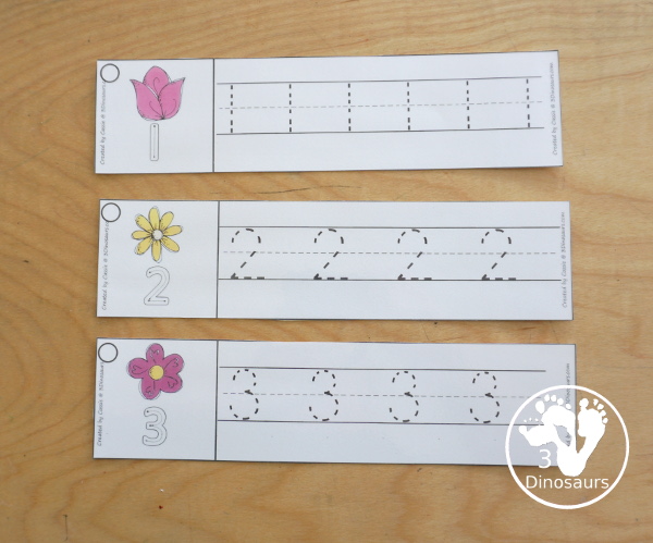 Free Flower Themed Number Tracing Strips - with numbers 0 to 20. You have numbers to trace and an example of how to trace the numbers with three fun flowers that are great for spring. - 3Dinosaurs.com