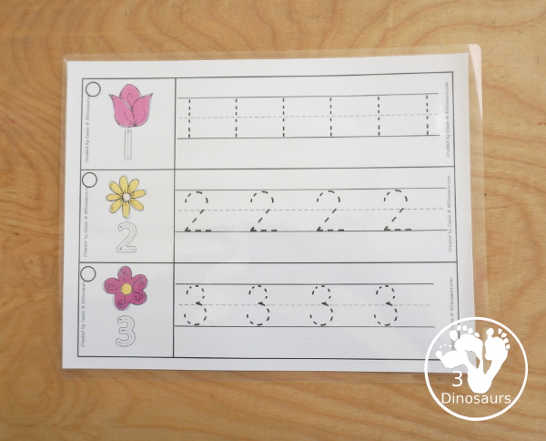 Free Flower Themed Number Tracing Strips - with numbers 0 to 20. You have numbers to trace and an example of how to trace the numbers with three fun flowers that are great for spring. - 3Dinosaurs.com