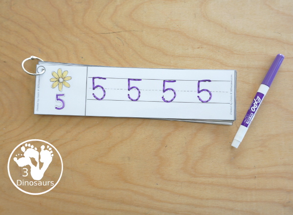 Free Flower Themed Number Tracing Strips - with numbers 0 to 20. You have numbers to trace and an example of how to trace the numbers with three fun flowers that are great for spring. - 3Dinosaurs.com