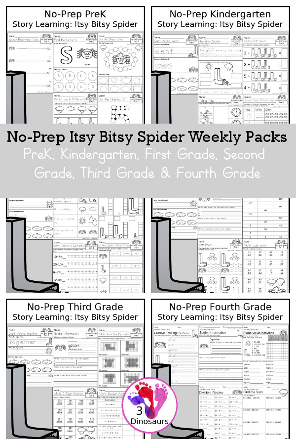 Itsy Bitsy Spider  No-Prep Weekly Packs PreK, Kindergarten, First Grade, Second Grade, Third Grade & Fourth Grade with 5 days of activities to do for each grade level With loads of Itsy Bitsy Spider and spider themes - You will find a mix of math, language, and more - These are easy to use packs for story learning, homework, early finisher, and morning work. Easy no-prep printables for kids with four pages for each day - 3Dinosaurs.com