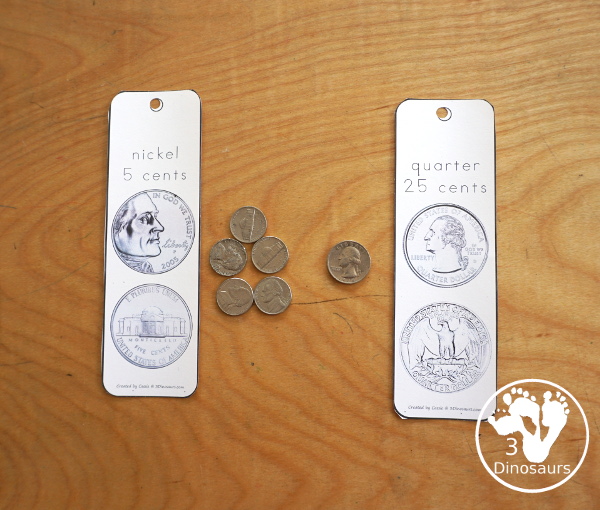 Free Money Bookmarks - they have penny, nickel, dime, quarter, 1 dollar, 5 dollar, 10 dollar, and 20 dollar for the bookmarks. - 3Dinosaurs.com