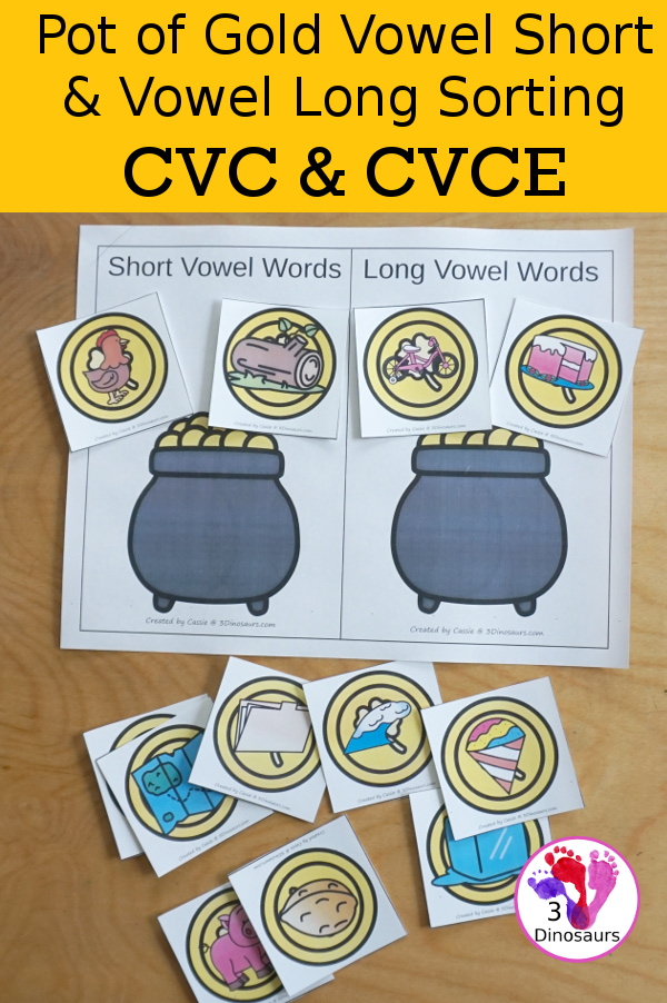 Free Pot of Gold Sorting CVC & CVCe Printable for sorting 6 CVC and 6 CVCe words with a sorting mat and recording sheet - 3Dinosaurs.com
