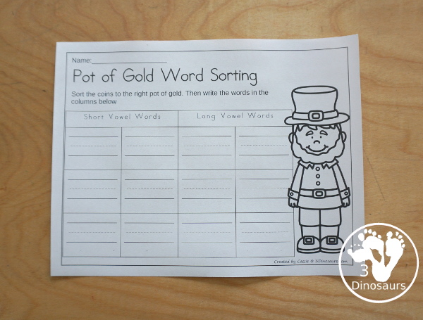 Free Pot of Gold Sorting CVC & CVCe Printable for sorting 6 CVC and 6 CVCe words with a  sorting mat and recording sheet - 3Dinosaurs.com