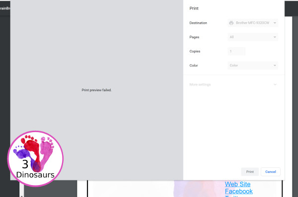 Printables Help and Error Messages - Printing preview failed - 3Dinosaurs.com