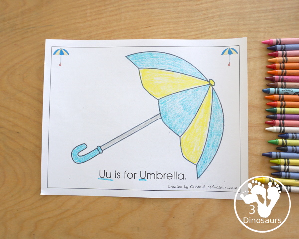 Free Romping & Roaring U Pack Letter Pack: U is for Umbrella - a letter U pack that has prewriting, finding letters, tracing letters, coloring pages, shapes, puzzles and more - 3Dinosaurs.com