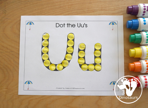 Free Romping & Roaring U Pack Letter Pack: U is for Umbrella - a letter U pack that has prewriting, finding letters, tracing letters, coloring pages, shapes, puzzles and more - 3Dinosaurs.com