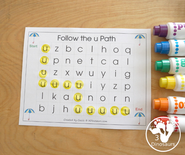 Free Romping & Roaring U Pack Letter Pack: U is for Umbrella - a letter U pack that has prewriting, finding letters, tracing letters, coloring pages, shapes, puzzles and more - 3Dinosaurs.com