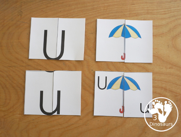 Free Romping & Roaring U Pack Letter Pack: U is for Umbrella - a letter U pack that has prewriting, finding letters, tracing letters, coloring pages, shapes, puzzles and more - 3Dinosaurs.com