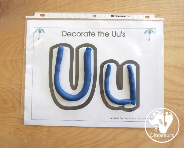 Free Romping & Roaring U Pack Letter Pack: U is for Umbrella - a letter U pack that has prewriting, finding letters, tracing letters, coloring pages, shapes, puzzles and more - 3Dinosaurs.com