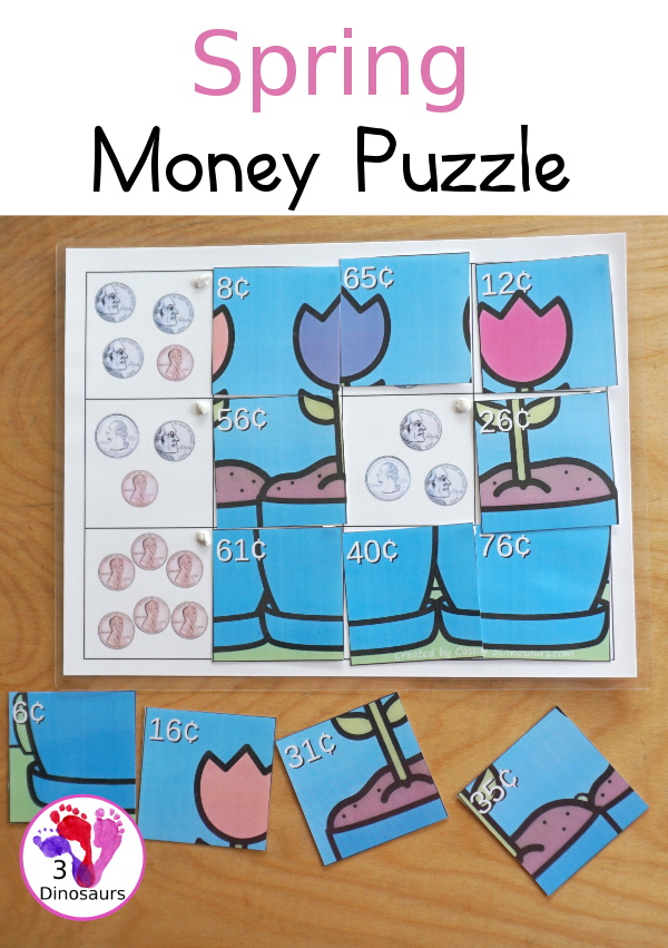 Free Spring Themed Money Puzzle - a 12 piece puzzle with counting coins and matching the correct puzzle pieces with puzzle mat, and recording sheet - 3Dinosaurs.com