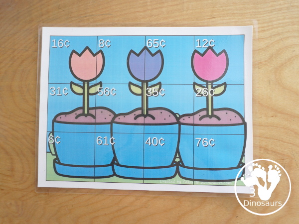 Free Spring Themed Money Puzzle - a 12 piece puzzle with counting coins and matching the correct puzzle pieces with puzzle mat, and recording sheet - 3Dinosaurs.com