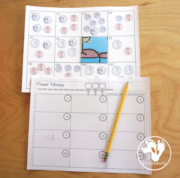 Free Spring Themed Money Puzzle - a 12 piece puzzle with counting coins and matching the correct puzzle pieces with puzzle mat, and recording sheet - 3Dinosaurs.com