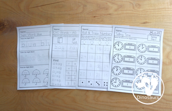 No-Prep Weekly Packs for the Spring for Prek to 4th Grade - with the following themes: Spring, Easter, Baseball, Earth Day, Flowers, Farm, Bugs, Butterflies, Garden, & Pond - 5 days of printables with 4 pages for each day - an easy no-prep printables for spring - 3Dinosaurs.com