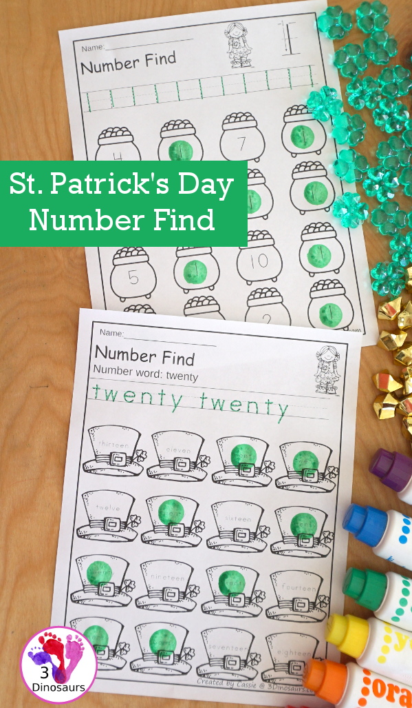 St Patrick's Day Number Find - with numerical number and number word for kids to work on tracing and finding numbers. It has numbers from 0 to 20 - 3Dinosaurs.com