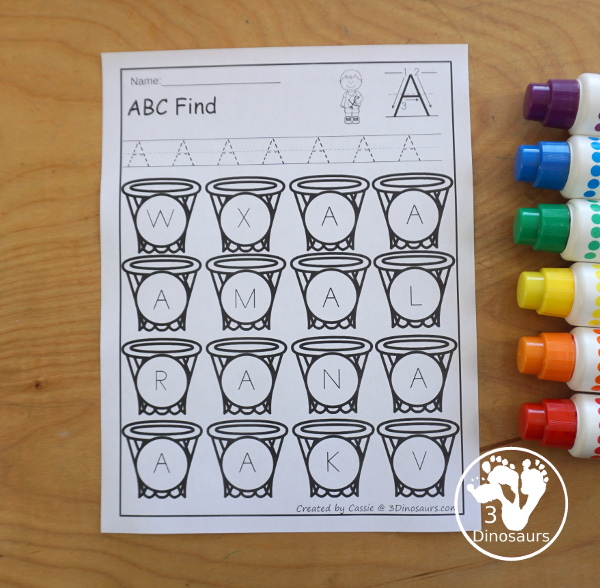 Basketball ABC Letter Find Printable with uppercase ABC finds and lowercase ABC finds. You trace the letters and then find the letter - 3Dinosaurs.com