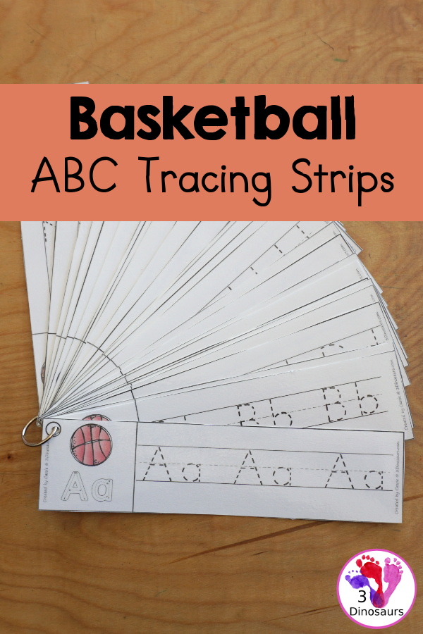 Free Basketball ABC Tracing Strips - with uppercase and lowercase together. You have fun kids with a basketball, plus you can see an example of how to trace the letters - 3Dinosaurs.com