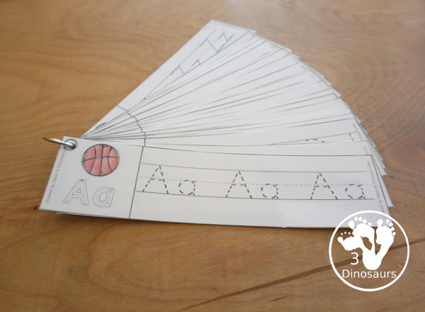 Free Basketball ABC Tracing Strips - with uppercase and lowercase together. You have fun kids with a basketball plus you can see an example of how to trace the letters - 3Dinosaurs.com