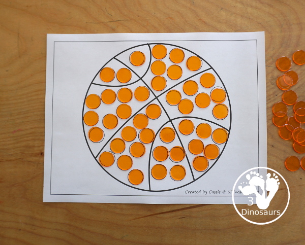 Free Basketball Fine Motor Dot Marker Printables -  with four pages of printables with basketball template to color, basketball to trace, basketball to q-tip and a dot marker basketball, all great for spring and summer fine motor centers. - 3Dinosaurs.com