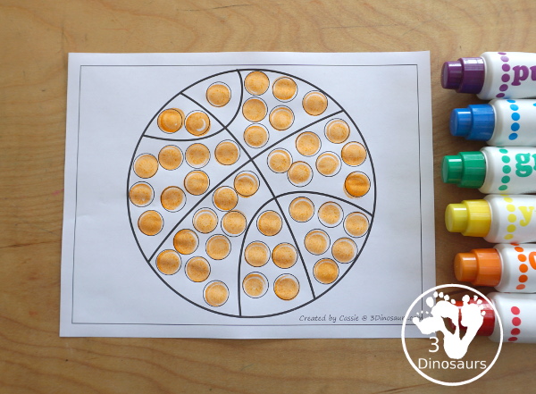 Free Basketball Fine Motor Dot Marker Printables -  with four pages of printables with basketball template to color, basketball to trace, basketball to q-tip and a dot marker basketball, all great for spring and summer fine motor centers. - 3Dinosaurs.com