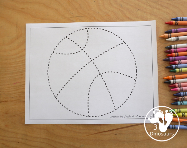 Free Basketball Fine Motor Dot Marker Printables -  with four pages of printables with basketball template to color, basketball to trace, basketball to q-tip and a dot marker basketball, all great for spring and summer fine motor centers. - 3Dinosaurs.com