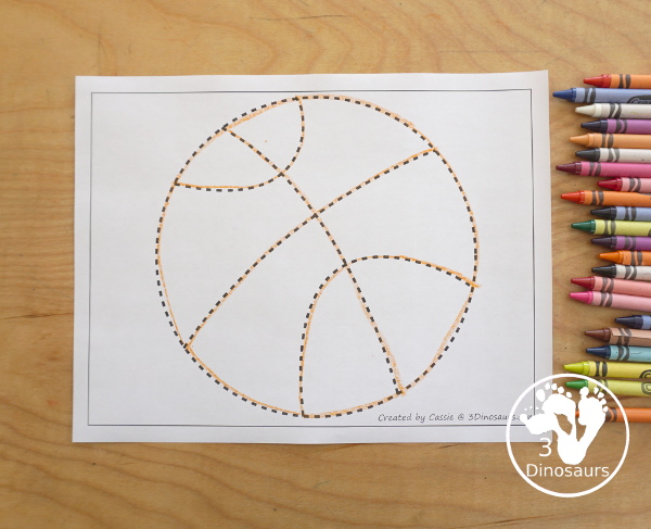 Free Basketball Fine Motor Dot Marker Printables -  with four pages of printables with basketball template to color, basketball to trace, basketball to q-tip and a dot marker basketball, all great for spring and summer fine motor centers. - 3Dinosaurs.com