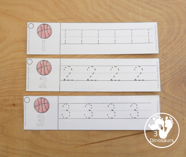 Free Basketball Number Tracing Strips - with numbers 0 to 20. You can tracing the numbers and an example of how to trace the numbers on the strips, plus a basketball on each tracing stip. - 3Dinosaurs.com
