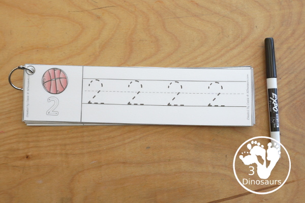 Free Basketball Number Tracing Strips - with numbers 0 to 20. You can tracing the numbers and an example of how to trace the numbers on the strips, plus a basketball on each tracing stip. - 3Dinosaurs.com