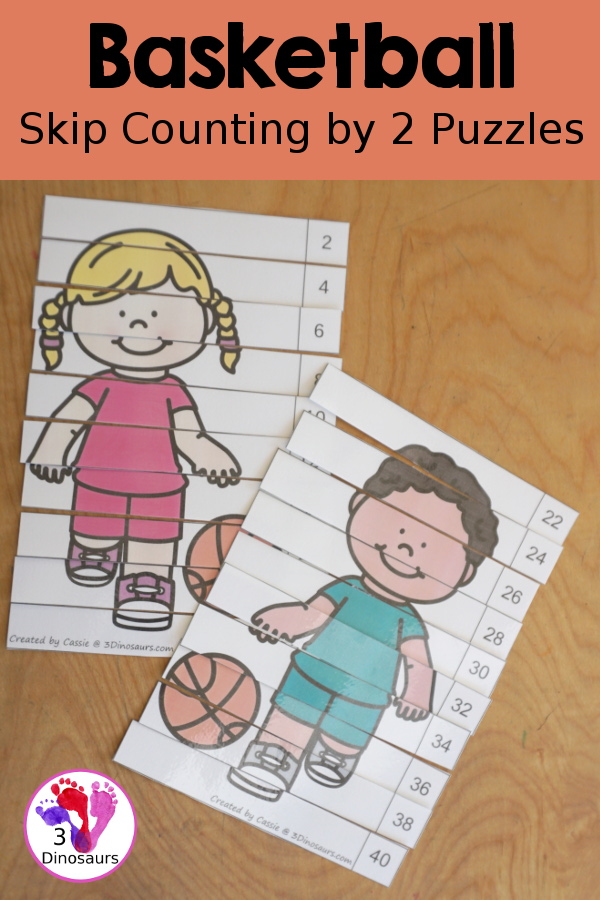 Free Basketball Skip Counting by 2 Puzzles - two skip counting puzzles for 2 to 20 and 22 to 40 for kids to learning skip counting by 2 - 3Dinosaurs.com