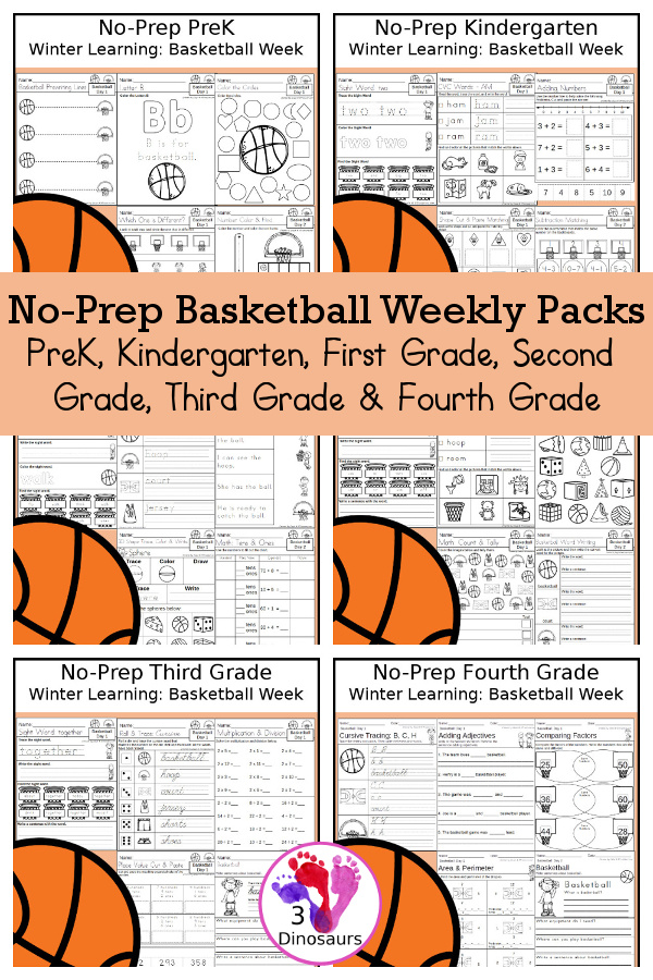 Basketball No-Prep Weekly Packs PreK, Kindergarten, First Grade, Second Grade, Third Grade & Fourth Grade with 5 days of activities to do for each grade level - You will find a mix of math, learning to read, and more - These are easy to use packs for winter learning, homework, early finisher, sub plans, and morning work. Easy no-prep printables for kids with four pages for each day - 3Dinosaurs.com