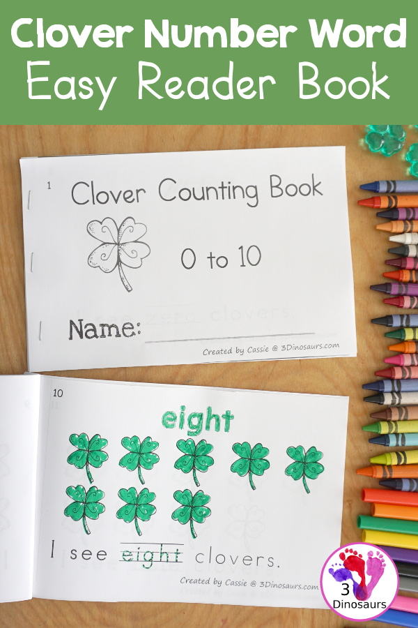 Free Clover Number Word Counting Book Printable - with numbers from - to 10 for tracing, coloring and counting clover - 3Dinosaurs.com