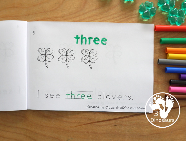 Free Clover Number Word Counting Book Printable - with numbers from - to 10 for tracing, coloring and counting clover - 3Dinosaurs.com