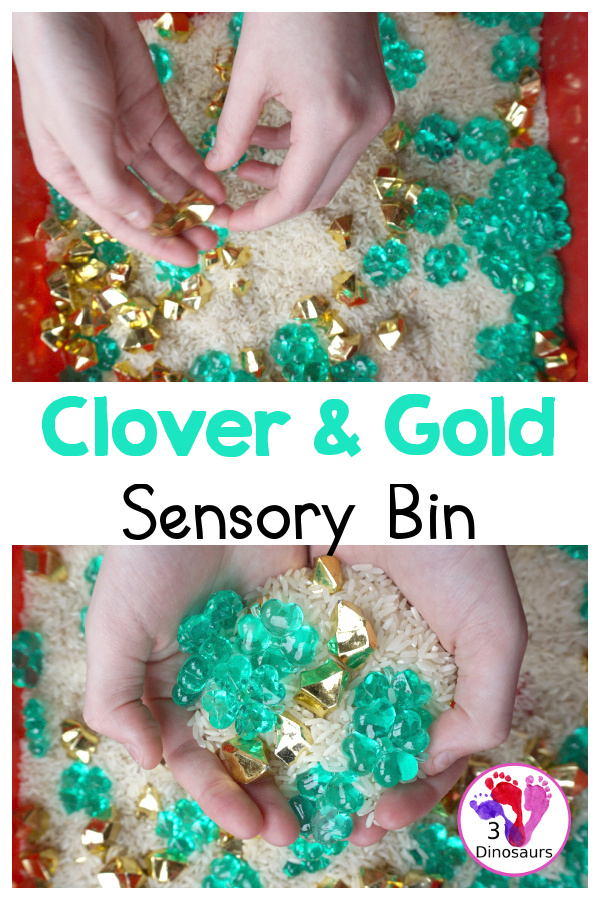 Clover & Gold Rice Sensory Bin for Saint Patrick's Day - a simple sensory bin for Saint Patrick's day that you can use with kids. - 3Dinosaurs.com