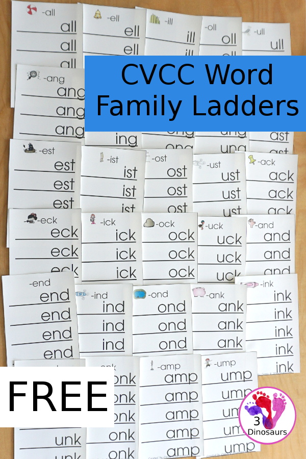 Free CVCC Word Family Ladder Printables - with  -ll, -ng, -nd, -st, -nk, -mp  consonants blend endings and -ck digraph ending with 5 words to build for each ending - 3Dinosaurs.com