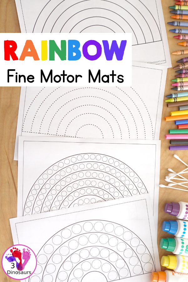 Free Rainbow Fine Motor Dot Marker Printables -  with six pages of printables with rainbows template to color, rainbows to trace, rainbow to q-tip and a dot marker rainbow, all great for spring fine motor centers. - 3Dinosaurs.com
