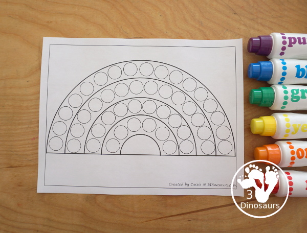 Free Rainbow Fine Motor Dot Marker Printables -  with six pages of printables with rainbows template to color, rainbows to trace, rainbow to q-tip and a dot marker rainbow, all great for spring fine motor centers. - 3Dinosaurs.com