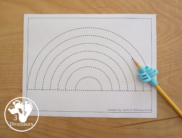 Free Rainbow Fine Motor Dot Marker Printables -  with six pages of printables with rainbows template to color, rainbows to trace, rainbow to q-tip and a dot marker rainbow, all great for spring fine motor centers. - 3Dinosaurs.com
