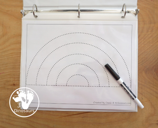 Free Rainbow Fine Motor Dot Marker Printables -  with six pages of printables with rainbows template to color, rainbows to trace, rainbow to q-tip and a dot marker rainbow, all great for spring fine motor centers. - 3Dinosaurs.com