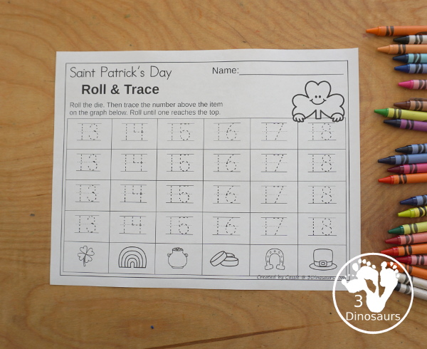 St. Patrick's Day Roll & Graph With Trace Letters, Numbers & Shapes with a folding die and cube die with a graphing sheet, graphing with tracing numbers, graphing with tracing letters and graphing with tracing shapes. All with a fun St. Patrick's Day Theme for prek and kindergarten - 3Dinosaurs.com
