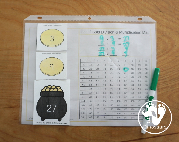 St. Patrick's Day Multiplication & Division Cut & Paste and Matching with cut and paste worksheets for division and multiplication with numbers 1 to 12 and match puzzles and matching mats for division and multiplication - 3Dinosaurs.com