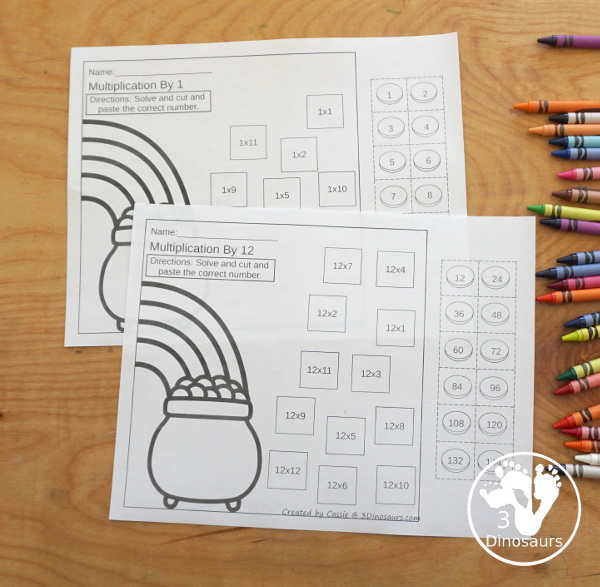St. Patrick's Day Multiplication & Division Cut & Paste and Matching with cut and paste worksheets for division and multiplication with numbers 1 to 12 and match puzzles and matching mats for division and multiplication - 3Dinosaurs.com
